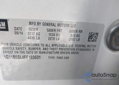 2015 Chevrolet Malibu Ls z USA, uszkodzony, nr VIN 1G11B5SL4FF183601